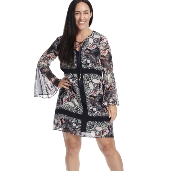 Vince Camuto Women's Printed Chiffon Float Dress Size 14 Mini Bell Sleeve Boho - Picture 1 of 13